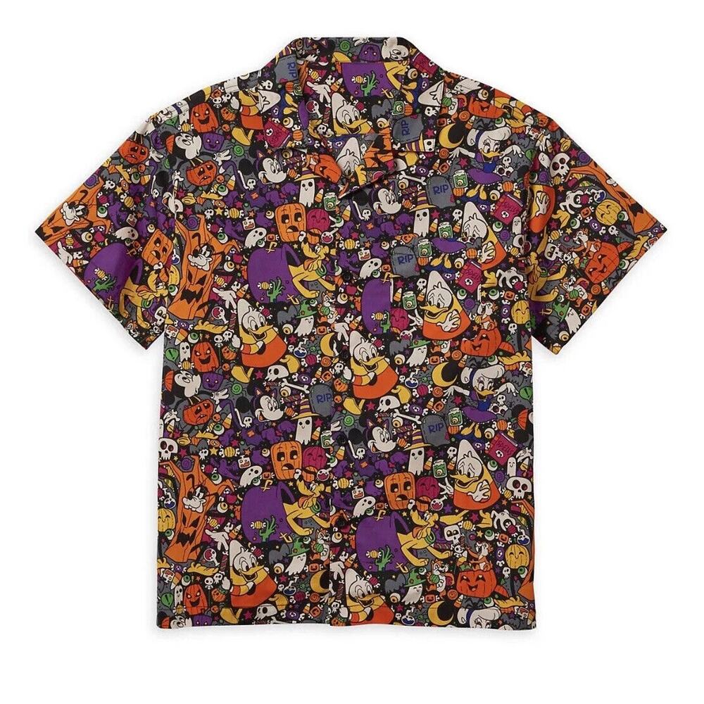 Disney Parks Adult Halloween Button Up Shirt Mickey Pumpkin Ghost Size Small New